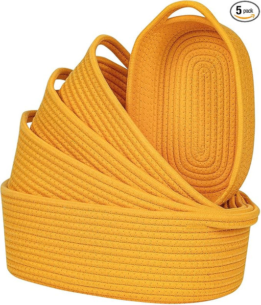 CubesLand Small Shelf Shelves Closet Basket,Woven Toy Basket Bin for Organizing,Storage Cube Organizer Basket Bin,Cute Rope Gift Basket,Back Shool Supplies,Over Toilet Storage Basket,Yellow 5-Piece