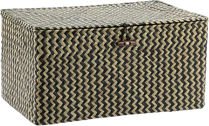 Hipiwe Wicker Shelf Baskets Bin with Lid, Handwoven Seagrass Basket Storage Bins Rectangular Household Basket Boxes for Shelf Wardrobe Home Organizer,Black,Large
