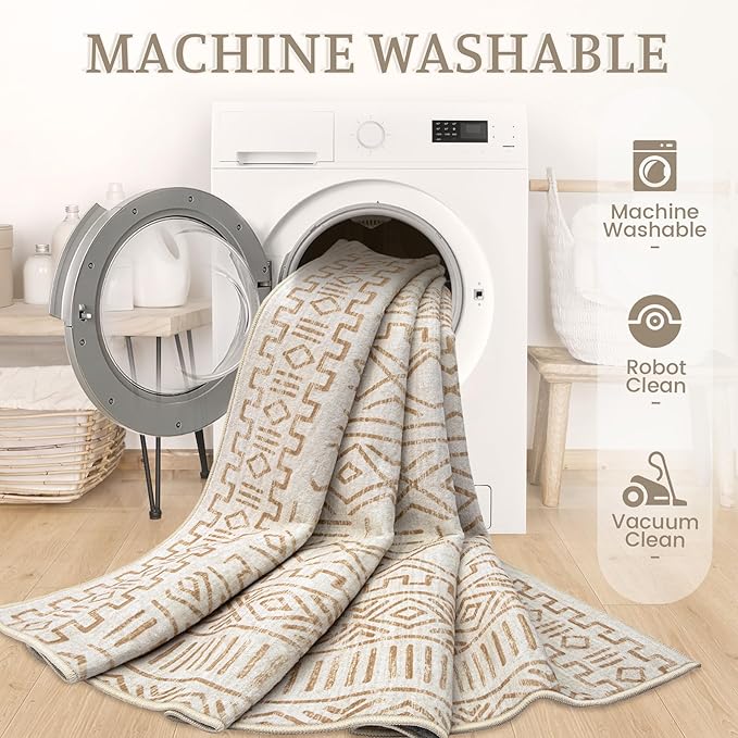 8x10 Area Rug Living Room: Washable Boho Geometric Moroccan Rug Neutral Modern Farmhouse Indoor Soft Non Slip Ultra Thin Large Printed Pattern Carpet for Bedroom Home Office (BeigeBrown, 8'x10')