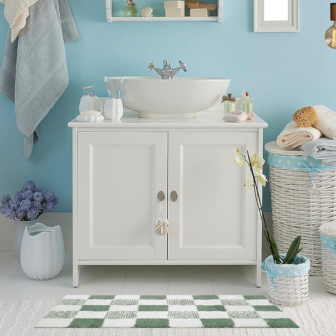 CozeCube Checkered Bath mats for Bathroom Non Slip, Fluffy Absorbent Microfiber Bath mat Washable, Aesthetic Bathroom Rugs, Cute Bath mat for Shower Sink, Sage Green, 32" x 20"