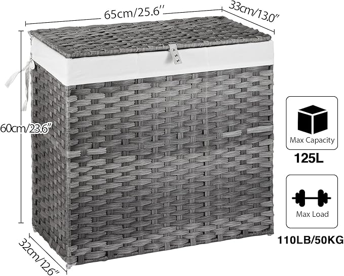 Greenstell Laundry Hamper with Lid, 125L Large Clothes Hamper with 3 Section & 2 Section Removable Liner Bags & 5 Mesh Laundry Bags, Handwoven Synthetic Rattan Divided Laundry Basket, Gray