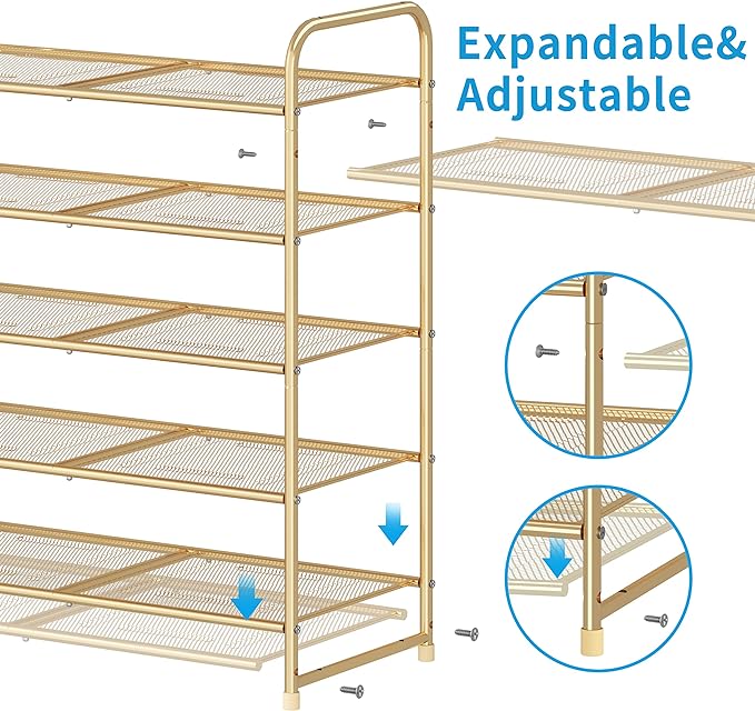 Simple Trending 5-Tier Stackable Shoe Rack, Expandable & Adjustable Shoe Shelf Storage Organizer, Metal Mesh, Gold