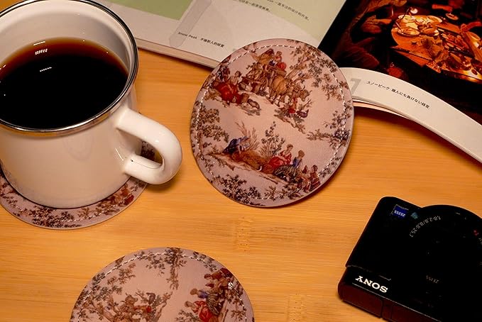 Vintage French Country Print Coasters for Drinks with Holder Leather Coasters Set of 6 Table Decor Protect Furniture from Water Marks Scratch and Damage
