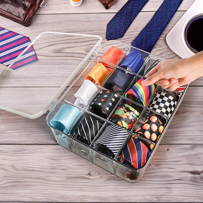 Plastic Sock Underwear Drawer Organizer Dividers, 16 Compartment Clear Tie Organizers with Lid, Removable Divided Wardrobe Storage Box for Tie, Bra Storage