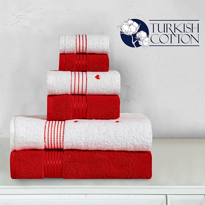 Elegant Comfort Premium Cotton 6-Piece Towel Set, Includes 2 Washcloths, 2 Hand Towels and 2 Bath Towels, 100% Turkish Cotton - Highly Absorbent and Super Soft Towels for Bathroom, Hearts