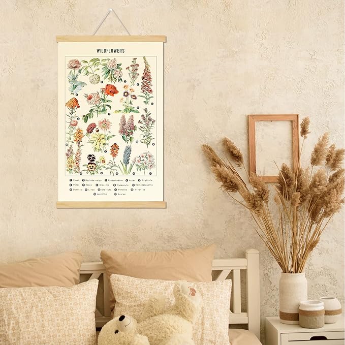 Chenkaiyang 2 Pcs Vintage Poster Hanging,Flowers Wall Hanging Botanical Rustic Retro Colorful Wall Art Prints Flower Chart Posterfor Living Room Bedroom Office Play Room Decor,12.7 X 21.6 Inch