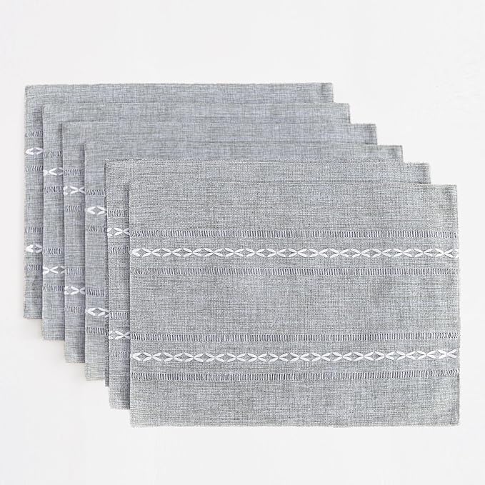 Wracra Cotton Linen Placemats, 12 x 18 Inch Set of 6 Placemats Rustic Hemstitch Place Mats for Kitchen Table and Heat Resistant-Hemstitch Grey