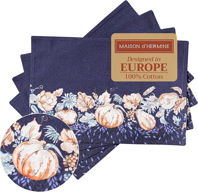 Maison d' Hermine Placemats Set of 4 100% Cotton Washable Cloth Place Mats, Reusable Table Mats for Kitchen Dining Decoration, Party, Wedding, Restaurant (Pumpkin Blues, 13" x 19")
