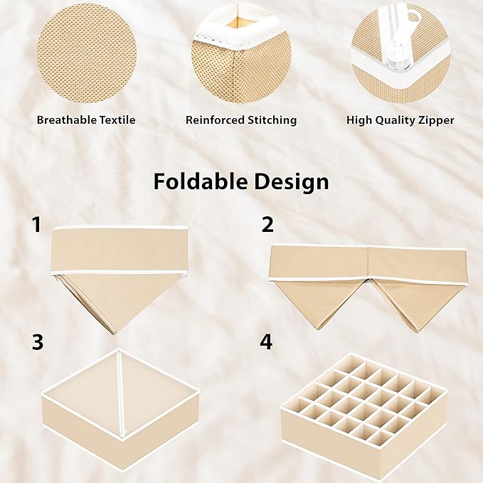 Simple Houseware 4-Pack Drawer Organizer Set - Closet Dividers for Underwear, Socks, Bras, Scarves, Ties - Foldable Non-Woven Storage Boxes, Beige