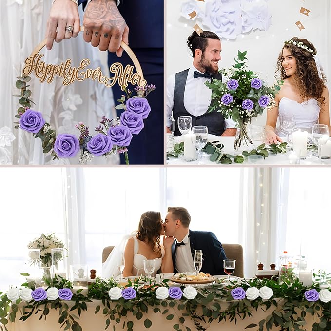 50PCS Artificial Flowers Purple Roses Real Looking Foam Fake Roses with Leaves and for DIY Wedding Bouquets Bridal Shower Centerpieces Party Decorations (Purple, 50)