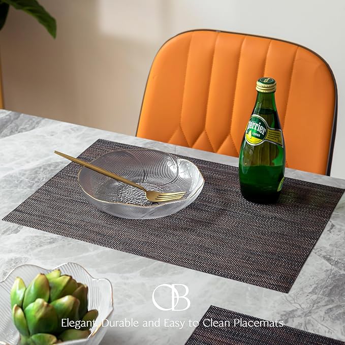 Placemats Set of 12 - Easy Clean Woven Vinyl Placemats for Dining Table, Indoor/Outdoor Place Mats, Washable PVC Table Mats(Black/Brown)