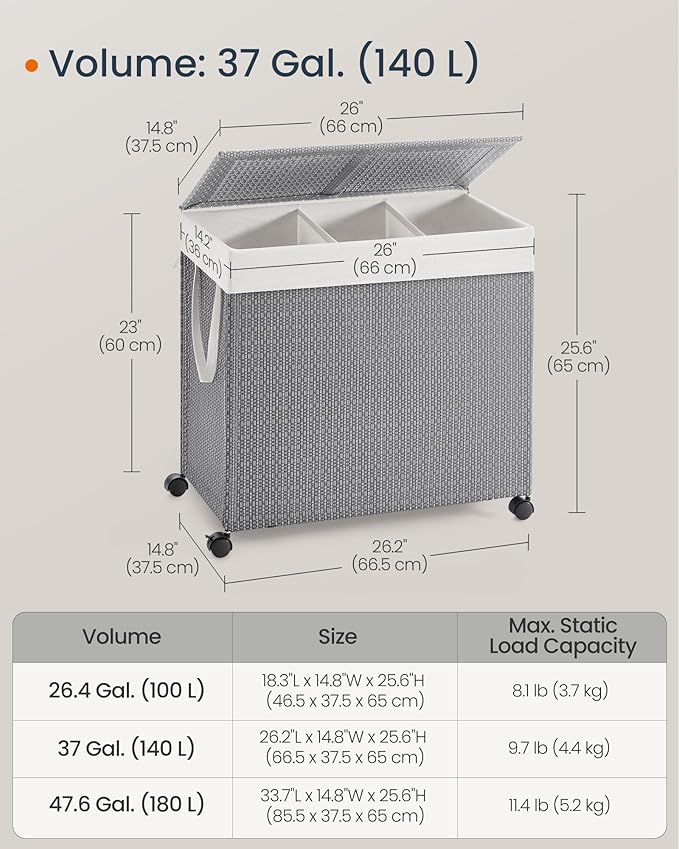 SONGMICS HOME Laundry Hamper with 3 Section, Large 140 L Rolling Laundry Basket with Wheels, Rattan Clothes Basket with Lid, Removable Liner with Handles, Dove Gray and Matte White ULCB602G01