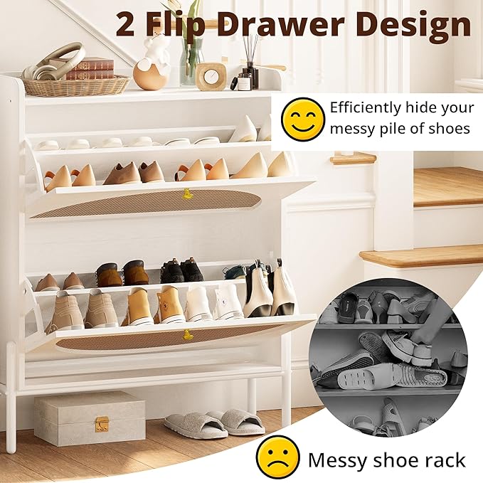 IRONCK Shoe Cabinet Storage with 2 Flip Drawers, Free Standing Wooden Shoe Storage Organizer Cabinet with Rattan Doors for Entryway, Narrow Shoe Rack Cabinet, White