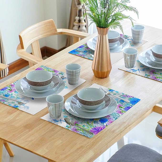 Blue Purple Floral Placemats for Dining Table Set of 4, Butterfly Decoration Spring Seasonal Washable Table Mats for Home Party Kitchen Indoor 12 x 18 Inch