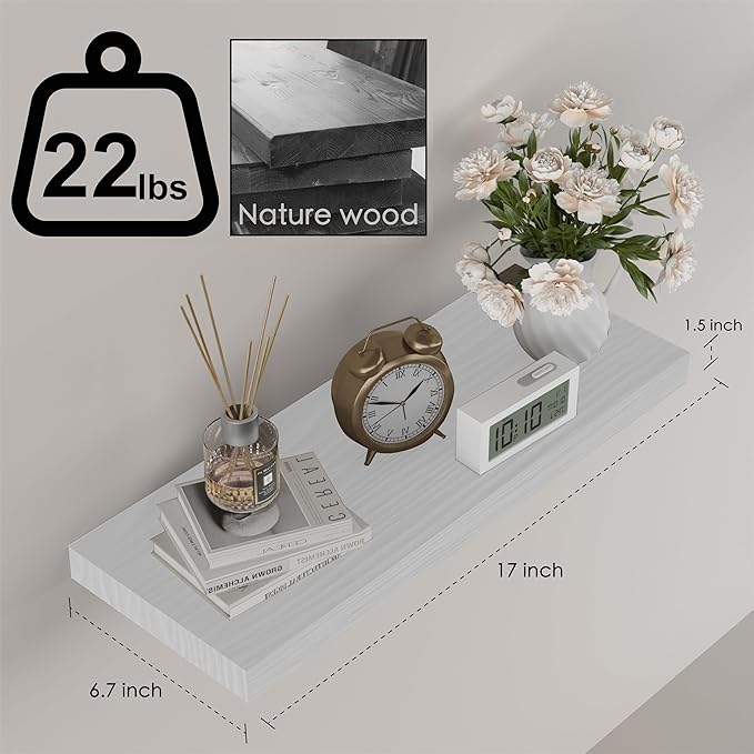 Floating Shelves for Wall- 17 Inch Natural Wood Whtie Shelves for Bathroom, Bedroom, Kitchen Decor, Farmhouse Decor Set of 2