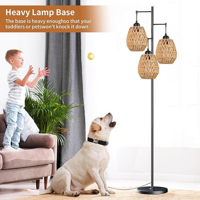 Boho Floor Lamp for Living Room,Industrial Rattan Floor Lamp with 3 Rattan Woven LampShade,Black Standing Lamp Rustic Tall Lamp Light Wicker Tree Floor Pole Lamp for Bedroom,Office,Corner