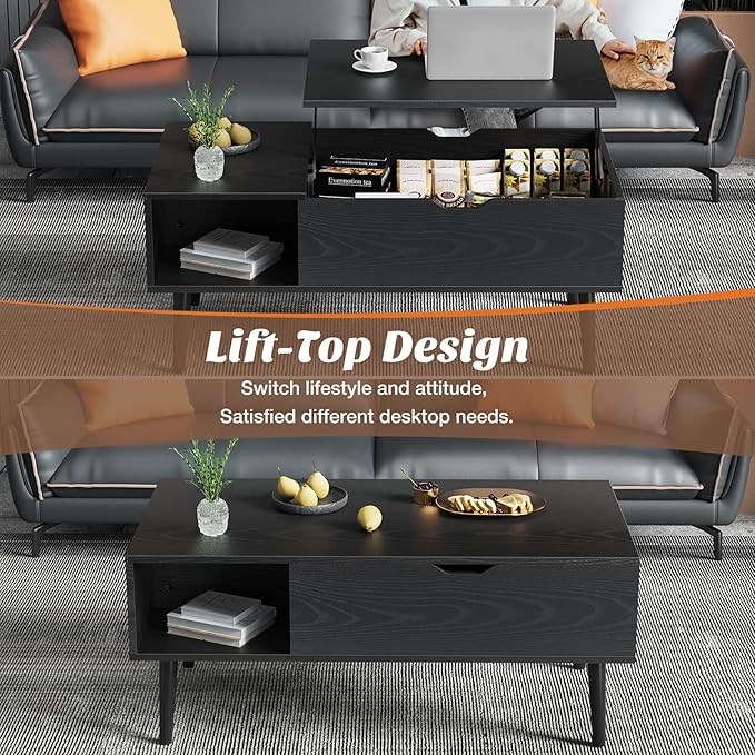 Sweetcrispy Coffee Table Black, Lift Top Coffee Tables for Living Room, Small Rising Wooden Dining Center Tables with Storage Shelf and Hidden Compartment