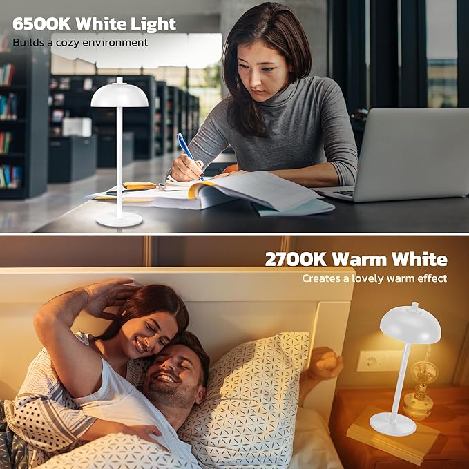 2 Pack Cordless Table Lamp, 5000mAh Portable Rechargeable Table Lamp, 3 Color Modes Stepless Dimming Table Light with Memory Function, for Dinner, Patio, Home, Restaurant.(White)