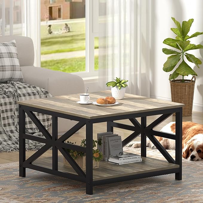 GreenForest Coffee Table with Storage for Living Room, Small Square Center Tables with Seamless One-Piece Tabletop Farmhouse Style, Grey Wash