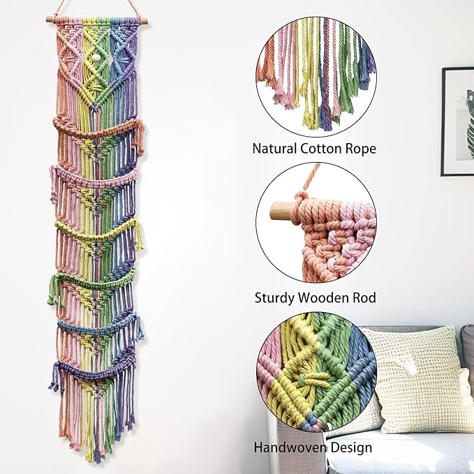 2PCS Macrame Cap Holder Boho Hat Hangers Over Door Decorative Bohemian Handmade Ball Cap Rack Organizer Woven Wall Hanging for Baseball Cap Display Decorations (Rainbow, Up to 24 Caps)