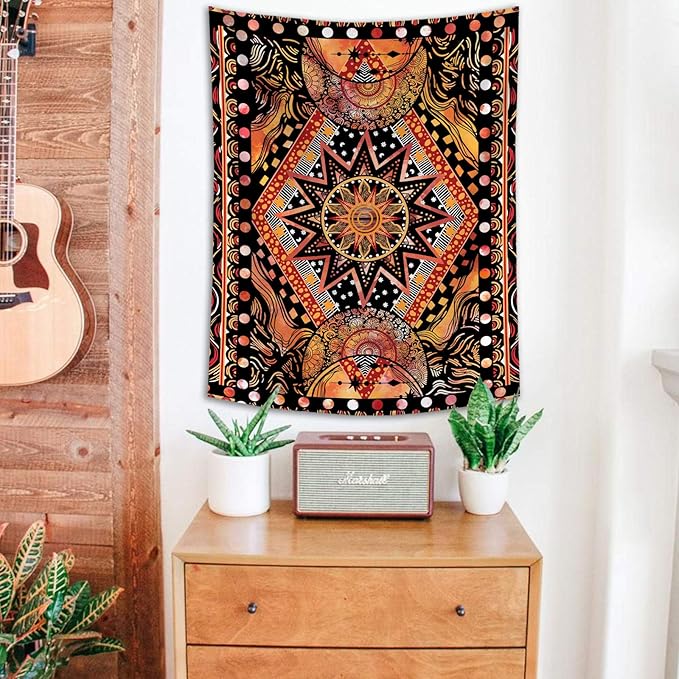 Fowocu Orange Sun and Moon Tapestry Wall Hanging, Indie Hippie Mandala Cool Wall Tapestries, Aesthetic Tapestry for Bedroom Living Room Dorm (Orange, 30'' × 40'')