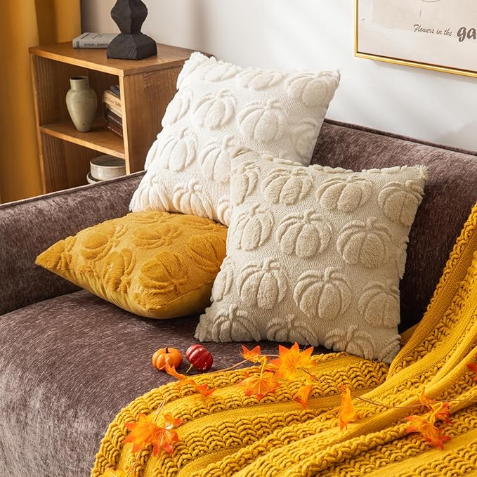 Beige Pumpkin Fall Decorative Throw Pillow Covers 18"x18", Set of 2 Soft Faux Fur Pillow Covers for Autumn Harvest, Fluffy Plush Accent Pillow Cases for Farmhouse Couch Cushion Covers