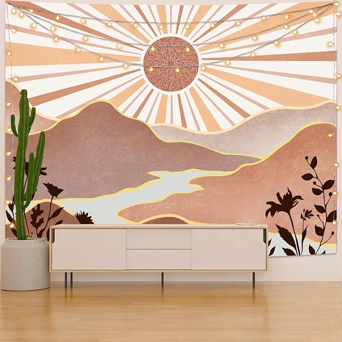 Lunerfex Boho Sun Tapestry Sunset Wall Tapestry, Mountain Tapestries for Bedroom 80s Tapestries Wall Hanging for Bedroom Living Room Wall Decor Boho-1 70"x90"