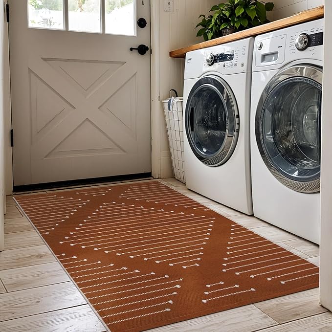 LIVEBOX Boho Washable Entryway Rug, 2.3' x 3.6' Front Door Rug for Entryway Indoor Burnt Orange Kitchen Rugs Moroccan Outdoor Mat, Hand-Woven Area Rug Cotton Throw Carpet for Layered Porch Bathroom