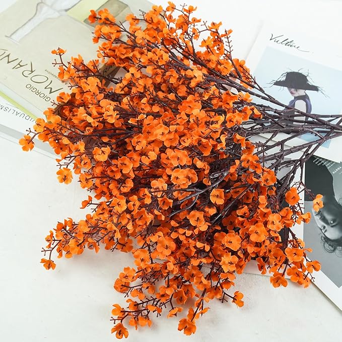 Uieke 15Pcs Artificial Fall Flowers Babys Breath Flower Bulk Fake Orange Silk Flowers Artificial Gypsophila Bouquet Floral for Home Festival Wedding Party Décor