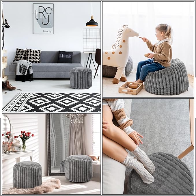 2 Pcs 20 x 15 Inch Unstuffed Pouf Cover Ottoman Foot Rest - No Filler, Faux Rabbit Fur Foot Stool Floor Bean Bag Floor Chair Storage for Living Room Bedroom Home Decor(Gray)