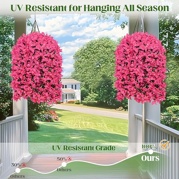 2Pcs UV Resistant Artificial Flowers for Outdoors, Realistic Faux Silk Bougainvillea Flowers, Fake Hanging Plants for Porch Patio Balcony Decoration (Rose Red)