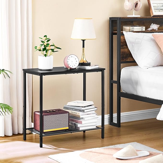 Hoctieon 2 Tier End Table, Sofa Side Table, Narrow Side Table with Storage, Slim Nightstand for Small Spaces, Metal Frame, for Living Room, Bedroom, Sofa Couch, Hall, Black