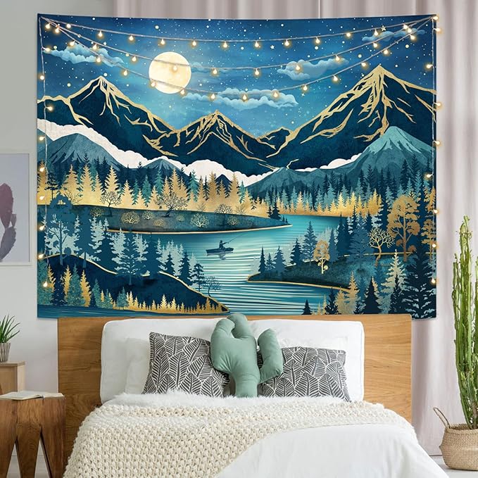 Kanuyee Boho Mountain Tapestry Moon Landscape Wall Tapestry, Nature tapestries for Bedroom Ceiling Tapestries Wall Hanging for Bedroom Living Room Wall Decor Mountain-1 44"x60"