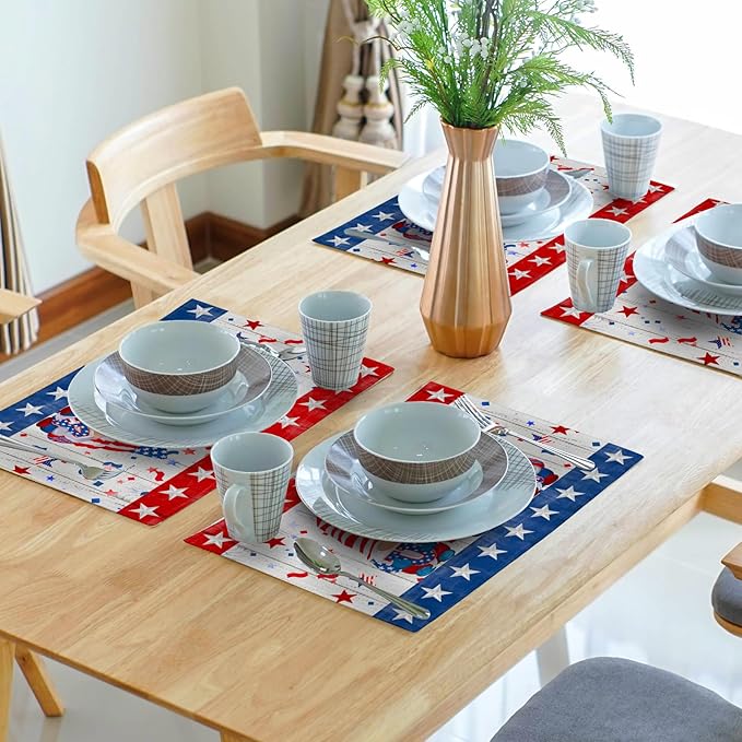 Giwawa Patriotic Gnomes Placemats 12x18inch 4th of July USA Elf American Stars Place Mat Set of 4 for Kitchen Dining Independence Day Heat Resistant Table Mats for Tabletop Holiday Decor