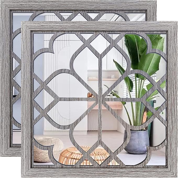 Wocred 2 PCS Square Wall Mirror,Gorgeous Rustic Farmhouse Accent Mirror,Barn Wood Color Entry Mirror for Bathroom Renovation,Bedrooms,Living Rooms and More(16”x16”)