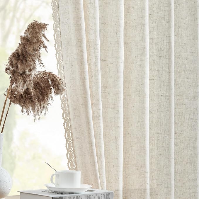 jinchan Linen & Polyester Blend Beige Curtains 84 Inch Length 2 Panels Curtains with Lace Trim for Living Room Rustic Farmhouse Curtain Rod Pocket Back Tab Light Bedroom Window Curtain Set