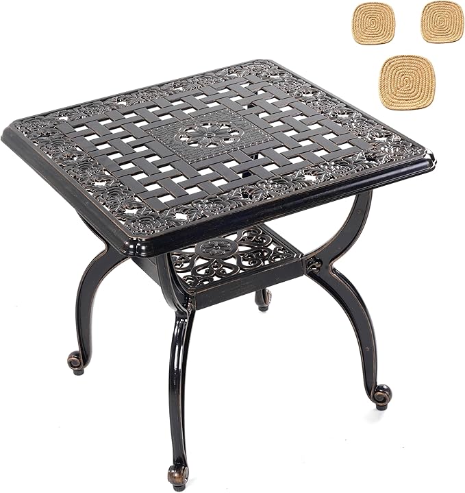 Mandolin Outdoor Patio,Rust -Resistant Cast Aluminum Side Table,Weather Resistant End Table,Coffee Table, Perfect for Patio, Backyard Or Garden. W 20.8" X H18.5(Aluminum Square, Copper)