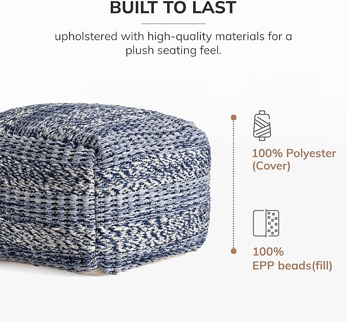 Anji Mountain 100% Handmade & Handcrafted Comfortable Home Décor Pouf Ottoman Footrest for Living Room, Bedroom, Nursery, Kidsroom, Patio Furniture - (22" x 22" x 16"- Navy,Ivory)