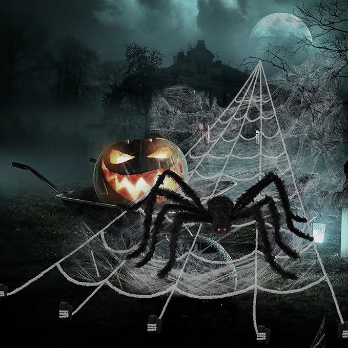 Halloween Spider Web and Giant Spiders Decorations Set Triangle Spider Web & Realistic Scary Fake Large Hairy Black Spider Props for Indoor/Outdoor Porch & Yard Parties Haunted House Halloween Décor