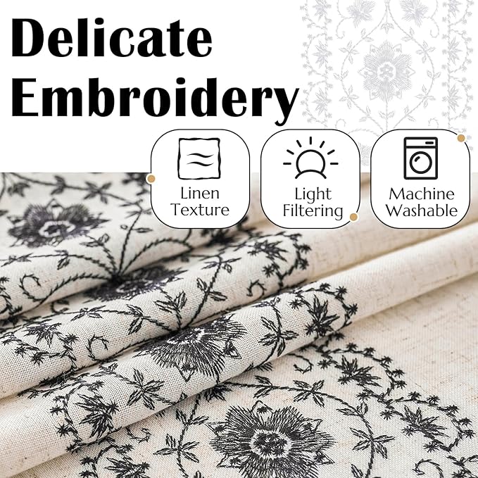 jinchan Boho Curtains for Living Room Black Vintage Floral Farmhouse Curtains 84 Inches Long Linen Blend Drapes for Bedroom Embroidered Light Filtering Drapes Rod Pocket Black on Beige 2 Panels