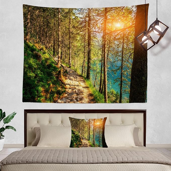 BaoNews Sunset Trees Mountains Tapestry, Calm Water Lake in Forests Large Wall Hanging Tablecloths Mural Home Decoration Psychedelic Tapestry Bedroom Living Room Dorm 39.4 x 59.1 inches(Lake)