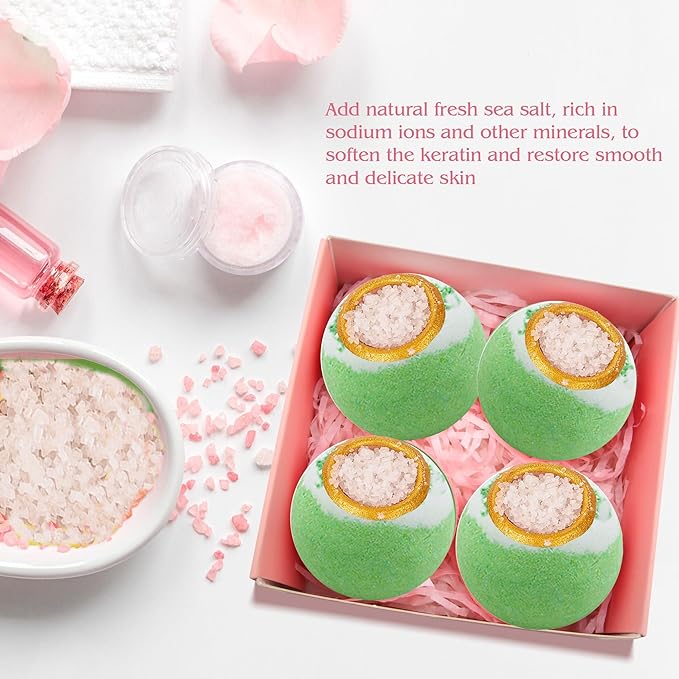 Green Tea Coarse Salt Bath Bombs Balls,4 Pack Gift Set,Moisturizing Dry Skin,Fizzy Spa,Relaxation,Self Care,Relaxing,Bubble Bath Bomb Idea for Men Women