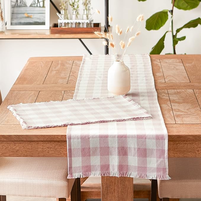 DII Heavyweight Fringed Check Tabletop Collection, Table Runner, 14x72, Pale Mauve