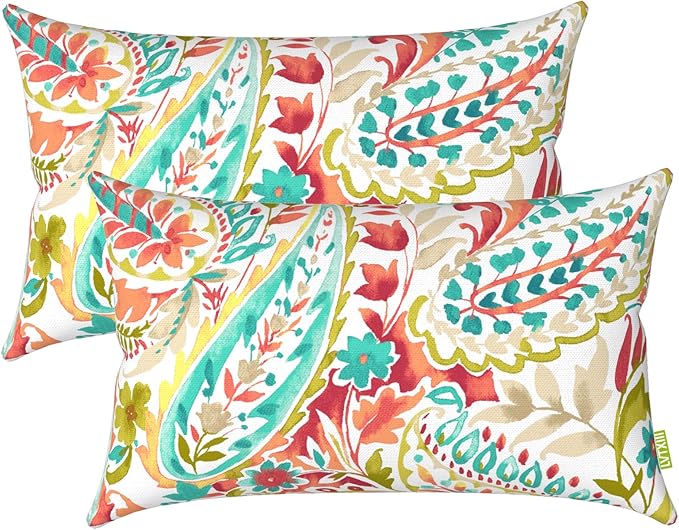 LVTXIII Outdoor Lumbar Pillow Covers 12 x 20 Inch, Patio Fluffy Pillow Cases ONLY, 2 Pack Water-Repellent Lumbar Cushion Cases for Home Patio Garden Sofa Bed Furniture Ornament, Pretty Paisley
