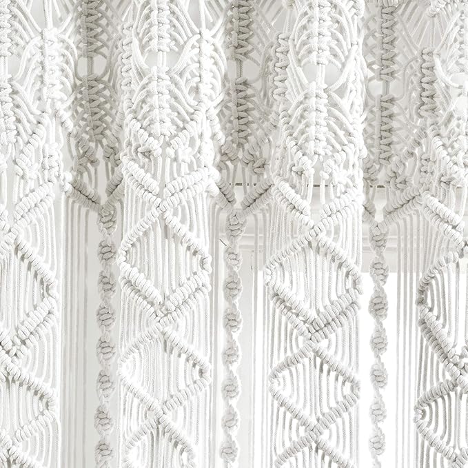 Lush Decor Boho Macrame Textured Cotton Window Curtain Panel, 40" W x 84" L, White - Room Divider or Wedding Decor - Boho, Macrame
