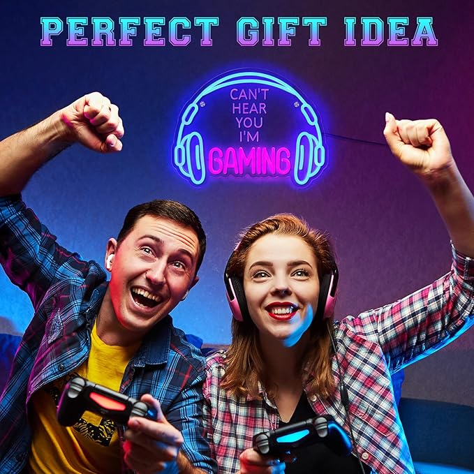 Gaming Neon Sign, Large Bright and Dimmable Colored LED Headset Gamer Neon Light and USB Powered Headphone Lightup Game Signs for Game Zone Video Room Boy Bedroom Wall Decor (Can't Hear You I'm Gaming)