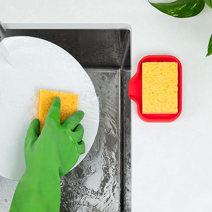 Zulay Small Silicone Sponge Holder (4.9x3.3”) – Space-Saving Sink Organizer Tray for Sponge, Soap, Brush & More – Compact Non-Slip Dish for Kitchen & Bathroom (Red)