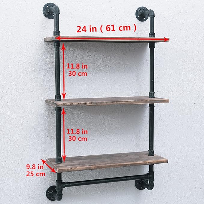 Industrial Pipe Shelf,Rustic Wall Shelf with Towel Bar,24" Towel Racks for Bathroom,3 Tiered Pipe Shelves Wood Shelf Shelving
