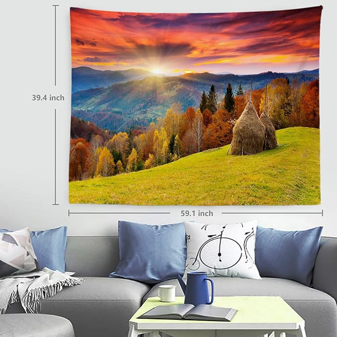BaoNews Golden Yellow Autumn Mountain Tapestry,Landscape Countryside Large Wall Hanging Polyester Tablecloths Tapestry Bedroom Room Living Room Dorm 39.4 x 59.1 Inches