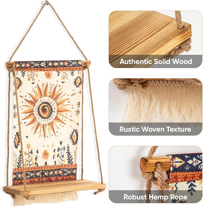 Wall Mounted Hanging Shelf with Bohemian Style Decorative Cloth, Handmade Natural Material, 24 x 12 inches, for Living Room Bedroom Home Storage and Indoor Plants